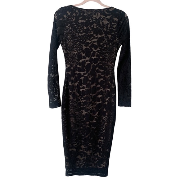 Va Va Voom Black Lace Long Sleeve Nude Liner Bodycon Midi Scoop Neck Dress Sz M - Picture 6 of 10
